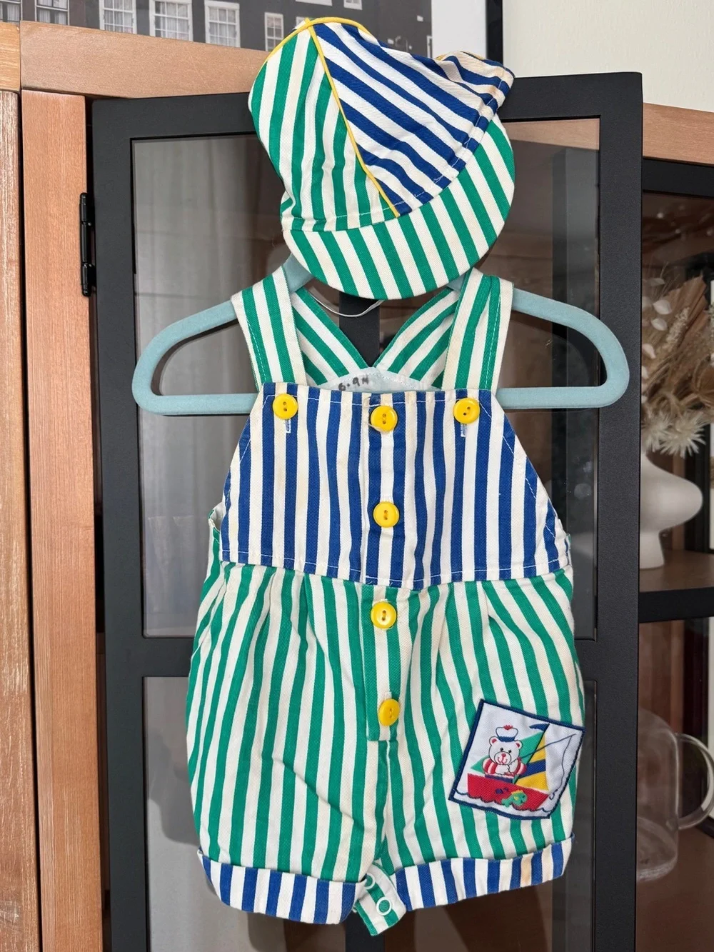 Vintage teddy bear set striped overalls romper hat sailor sailboat fishing